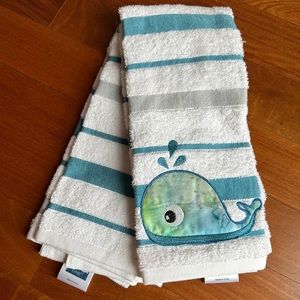 Handmade 16”x26” embroidered cotton/blue stripes hand towel whale